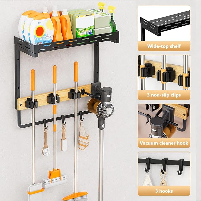 Broom Holder Wall Mount with Shelf, Small Mop Tool Organizer | 3 grippers, 3 hooks, vacuum slot, bamboo board, spray bottle tray, garage utility use