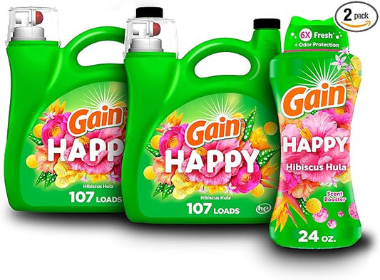 Bundle of Gain Liquid Laundry Detergent, Happy, HE Compatible, 154 fl oz, 107 Loads + Gain In-Wash Laundry Scent Booster Beads, Happy Scent, 24 oz