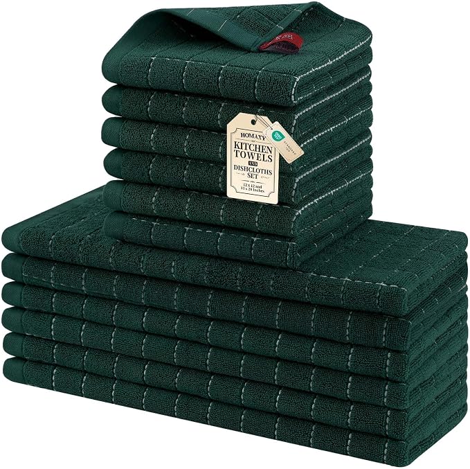 Homaxy Kitchen Towels and Dishcloths Set, 12 x 12 and 13 x 28 Inches, Set of 12 Bulk Cotton Terry Kitchen Towels Set, Checkered Designed, Soft and Super Absorbent Dish Towels, Blackish Green
