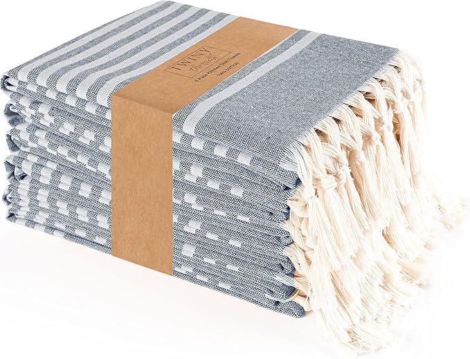 TWINY threads Set of 6 100% Cotton Turkish Kitchen Towels with Hanging Loop & Tassels (18" X 28") | Ultra Washcloth with Fringes | Reusable Hand Towels - Navy Blue