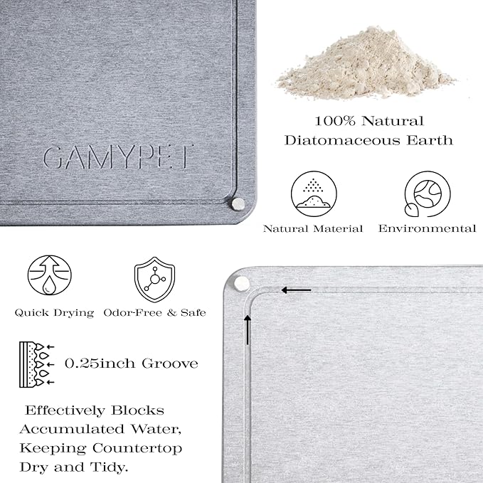 Stone Dish Drying Mat 24"×16" Large Diatomaceous Earth Dishes Quick Dry Pad for Kitchen Counter with Heighten Stainless Steel Feet, Fits Various Countertops & Drain Bowl Racks, Light Gray