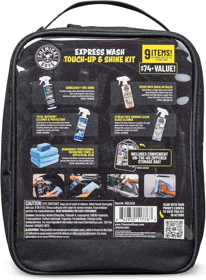 Chemical Guys Car Detailing Kit, Interior and Exterior Cleaning, 9-Piece | Includes Tire Shine, Quick Detailer, Total Interior & Glass Cleaner, Microfiber Towels, Applicator & Storage Bag