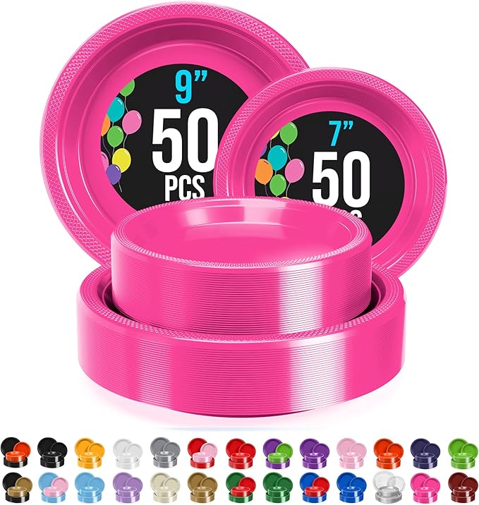 Exquisite Party Solids Hot Pink Plates Disposable Hot Pink Plastic Plates 100 Pieces - 50-7" & 50-9" Heavy Duty 350 GSM Disposable Dinnerware Sets, Plastic Dinnerware Sets