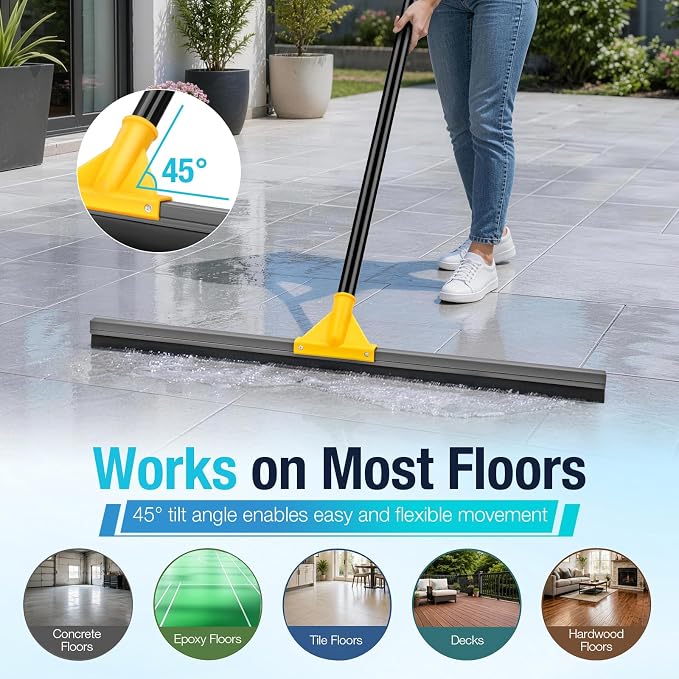 SOBONNE 24" Floor Squeegee for Concrete Floor Water Removal | Heavy Duty Large Rubber Squeegee Broom/ 57" Long Handle for Tiles Window Shower Garage Patio Deck Pool/Yellow