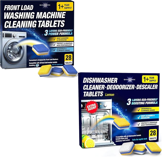 Washing Machine Cleaner Tablets Front Load 28 Pack & Dishwasher Cleaner Deodorizer Descaler Tablets 28 Pack Bundle - 1 Plus Year Supply - Septic Safe Eco Friendly Formula