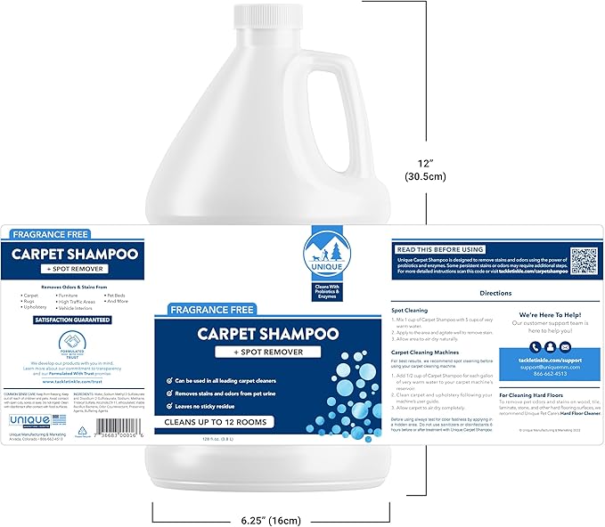 Unique Carpet Shampoo, Pet Stain & Odor Remover, Enzyme Carpet Cleaner for Dog & Cat Urine, Deep Cleaning Solution, Value Size, 128 oz