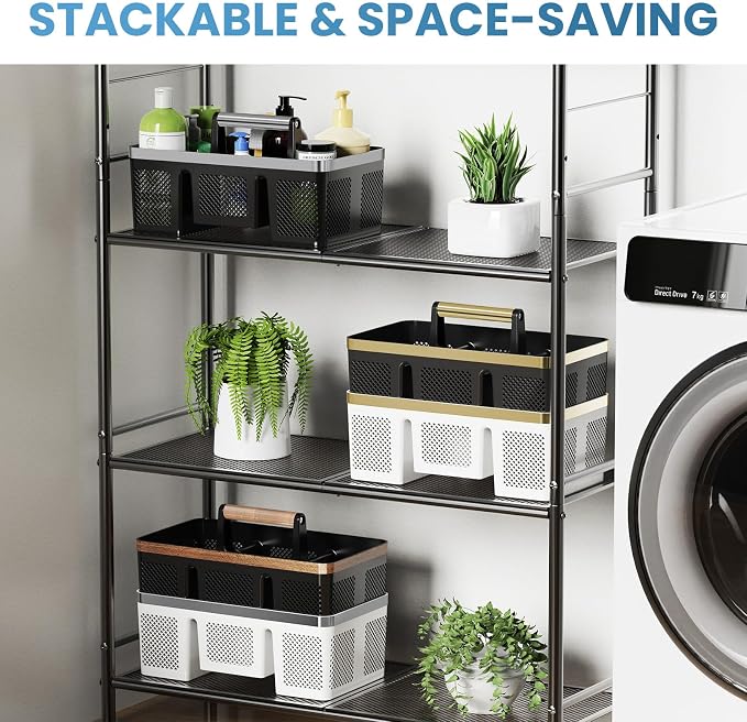 BYUNER Plastic Shower Caddy Dorm: Portable Cleaning & Shower Caddy with Handle, 4 Divided Compartments, All-Side Drainage, Rigid Plastic Basket Tote for College Dorm & Bathroom Use