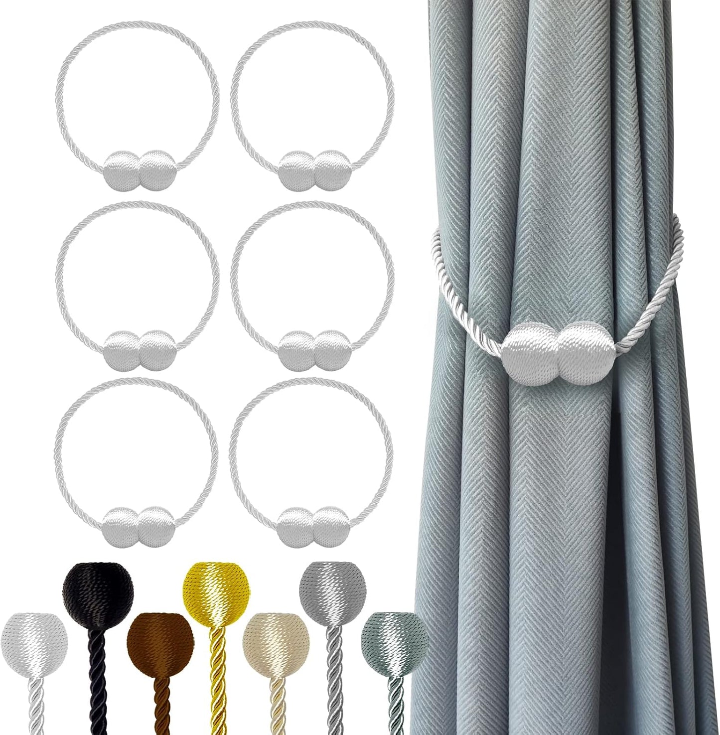 Hion Magnetic Curtain Tiebacks White 6 Pack, Curtain Tiebacks Buckles Holdbacks Holders Hooks Clip for Home Bedroom Office Decorative Thick or Thin Curtain