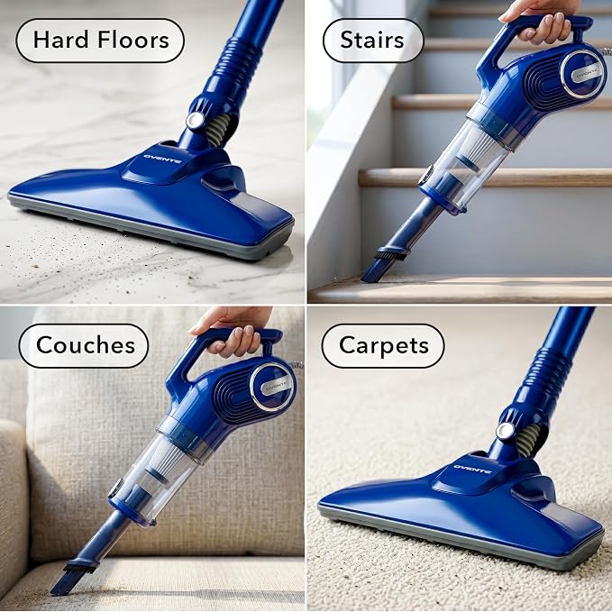 OVENTE Corded Stick Vacuum Cleaner, 2-in-1 Lightweight Bagless Vacuum Cleaner with 450W Motor, 14Kpa Powerful Suction and Washable Filter for Home, Car, Pet Hair, Carpet and Hard Floor, Blue STV345BLS