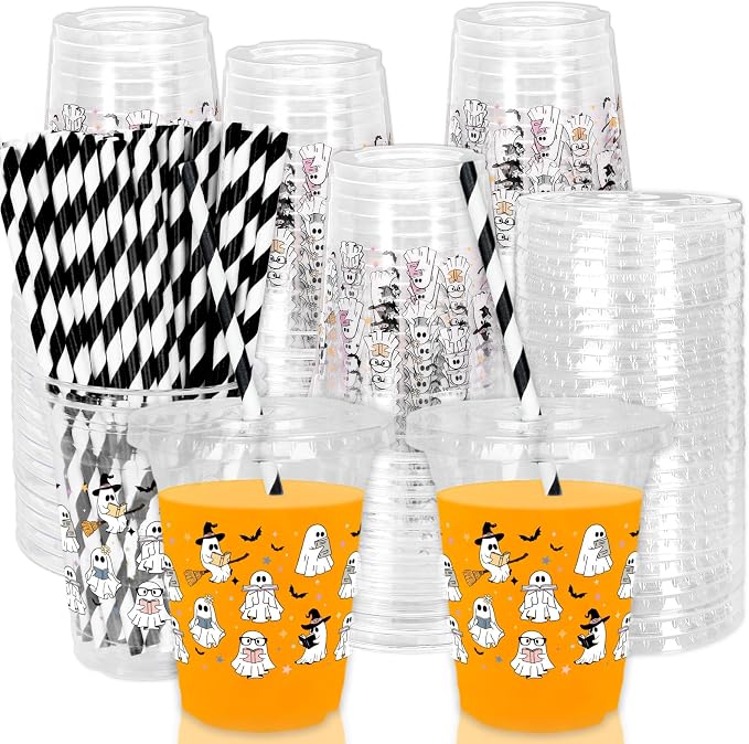 Whaline 50 Pcs Halloween Disposable Plastic Cups with Lids and Straws Spooky Reading Book Ghost Theme Cold Beverage Drinking Cups for Trick or Treat Birthday Party Supplies