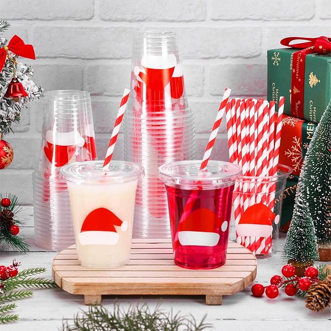 Whaline 50 Pcs 12 Oz Christmas Disposable Plastic Cups with Lids and Straws Red Santa Hat Cold Beverage Drinking Cups for Winter Xmas Birthday Party Supplies