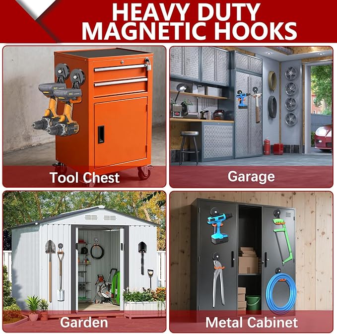 3-H Extra Strong Magnetic Hooks,Heavy Duty Large Anti-Slip Magnet Hooks,No-Drill Tool Holder for Garage,Power Drill,Garden Tools,Hose Storage,2 Pack Orange