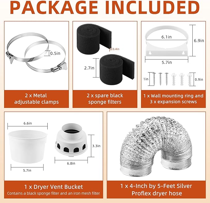 [Upgraded]AMI PARTS TDIDVKZW Indoor Dryer Vent Kit with 4-Inch by 5-Foot Proflex Duct, White, 4 Inch