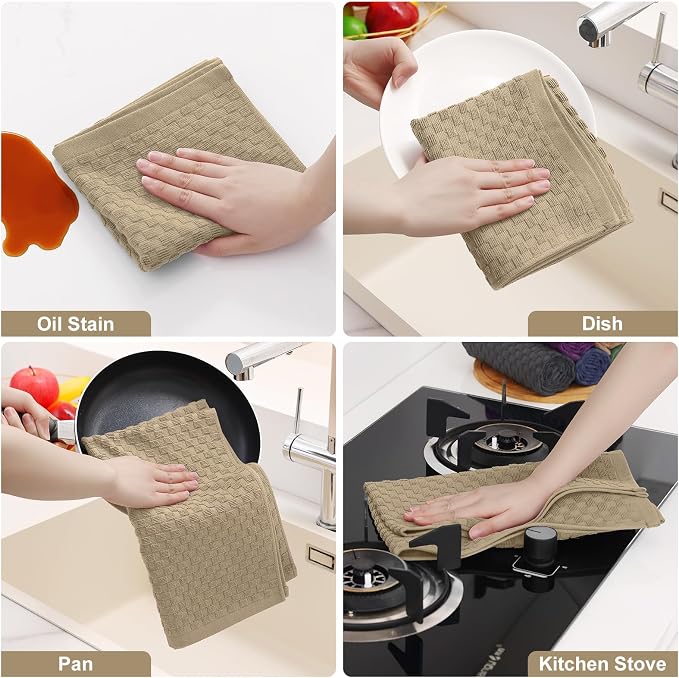 Homaxy 100% Cotton Terry Kitchen Towels(15" x 25", 8 Pack), Soft and Super Absorbent Dish Towels, 380 GSM Reusable Tea Towel with Hanging Loop, Pineapple Grid Designed, Tan