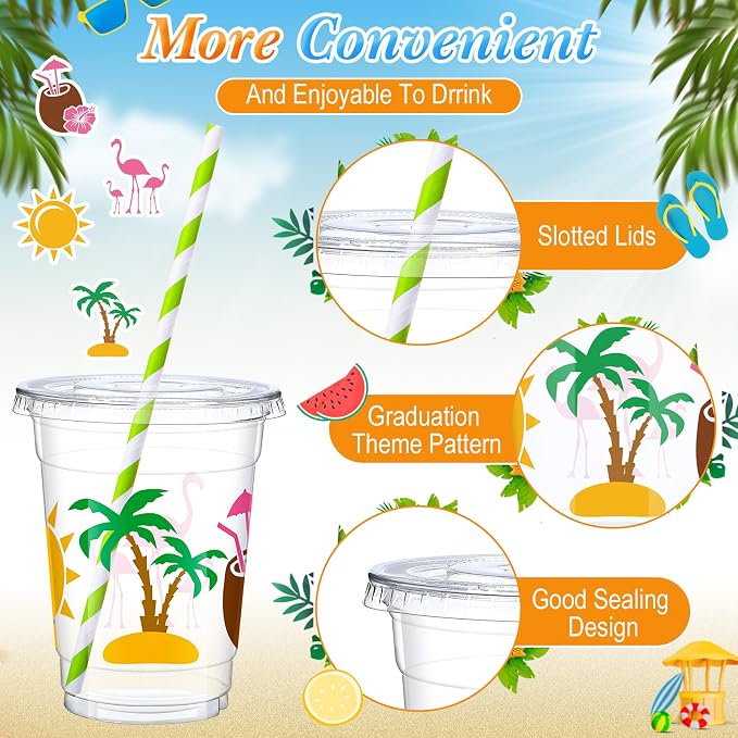 Blushtier 300 Pcs Summer Disposable Plastic Cups with Lids and Straws - 12oz Hawaii Laua Party Favors - Flamingo Disposable Clear Palm Tree Floral Tropical Drinking Cups for Party