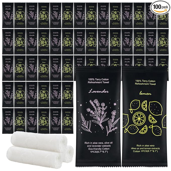 Moist Cotton Towel Bulk Moist Towelettes Individually Wrapped 8.7" x 8.7",White Towel Services,Refreshment Pre Moistened Towels Lavender and Lemon Scent for Travel Sport Party Spa Dentist Hote100