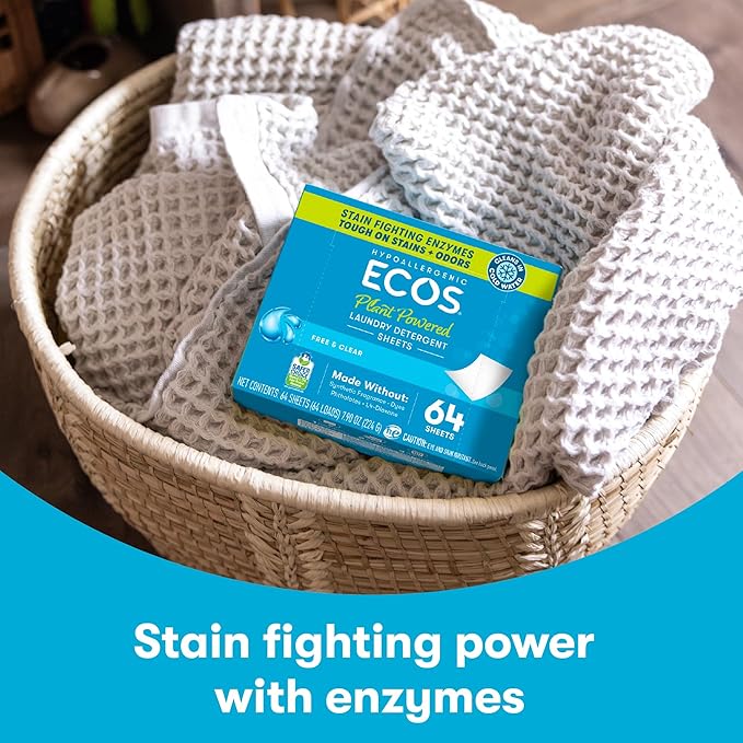 ECOS Laundry Detergent Sheets Vegan, No Plastic Jug, No Mess, Liquid Free - Hypoallergenic, Plant Powered Laundry Detergent Sheet - Lavender Vanilla - 64 Count (Pack of 4)