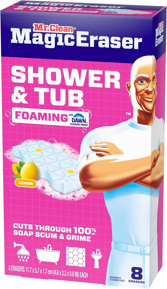 Mr. Clean Magic Eraser Sponge, Bathroom, Shower, Tub Cleaner, Soap Scum Remover, Bathroom Cleaning Supplies, Dawn Cleaning Power with Lemon Scent, Shower & Tub, 8 Count (Pack of 4)