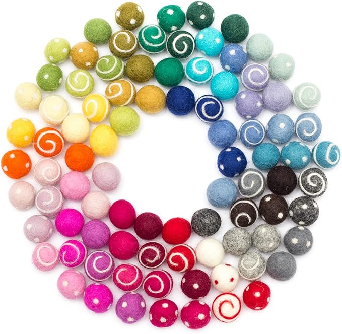 Glaciart One Felt Pom Poms, Wool Felt Balls with Swirls & Dots (90 Pieces) 2 cm – 0.8 Inch, Handmade Felted 30 Color (Red, Pink, Blue, Yellow, Pastel and More) Bulk Small Puff for Felting and Garland