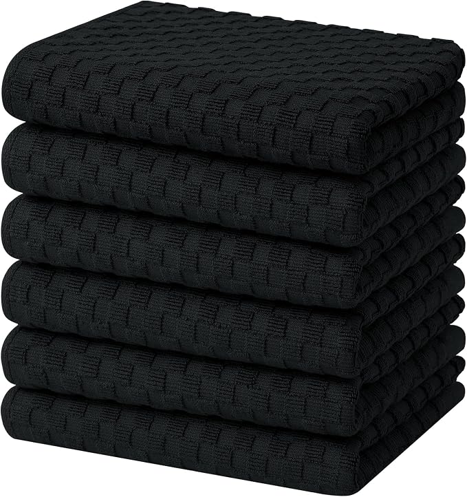 Homaxy 100% Cotton Terry Kitchen Towels(15" x 25", 6 Pack), Soft and Super Absorbent Dish Towels, 380 GSM Reusable Tea Towel with Hanging Loop, Pineapple Grid Designed, Black