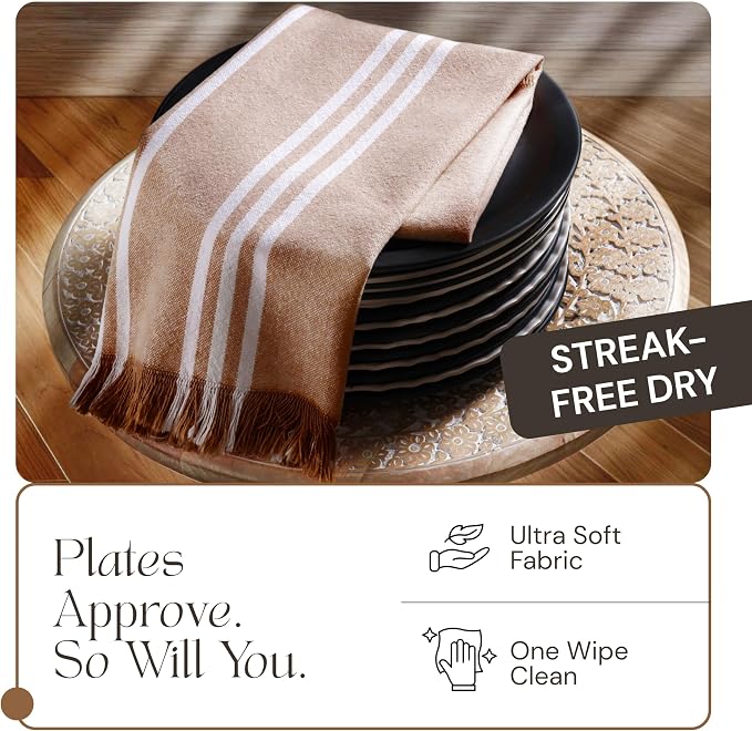 Monochrome Striped Dish Towels 12 Pack, 16x26 Inch, 100% Cotton, Fringed Edges, Absorbent & Durable, Quick Drying Kitchen Towels for Daily Cleaning, Cooking, Baking, Easy Care, Brown