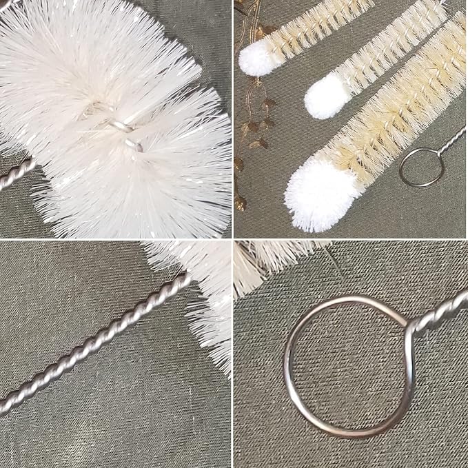 Bottle Brushes Thin Long Handle X 4, Skinny Wire Cleaner Set in Stainless Steel with Natural Boar Bristle at Wool Tip, Bendable Flexible for Cleaning Narrow Neck Bottles, Pipe, Tube, Hose