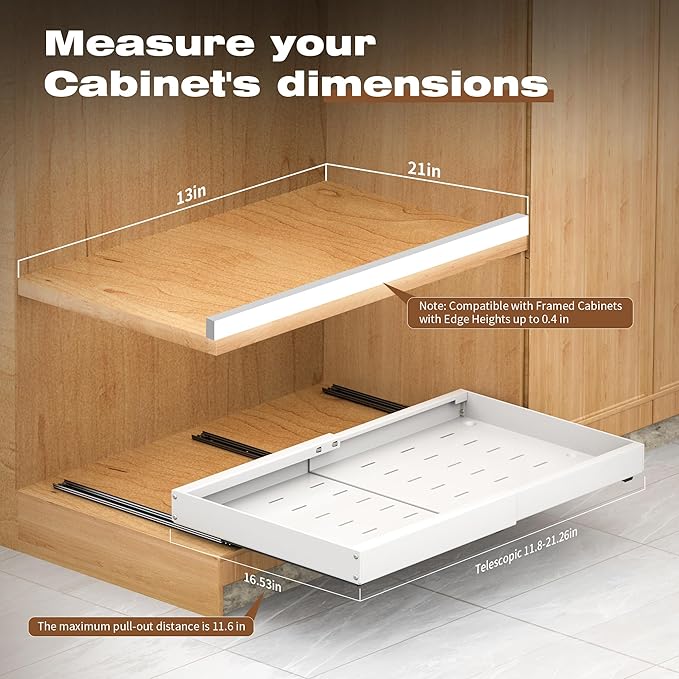 4 Pack Pull Out Cabinet Organizer Expandable,Adjustable 12-21 Inch Width Slide Out Drawer Shelves,Painted Carbon Steel with Heightening Pad,No Drill,for Kitchen/Bathroom/Pantry/Under Sink/Laundry Room