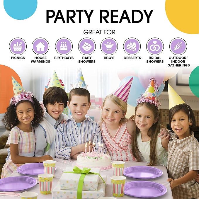 Exquisite Party Solids Lavender Plates Disposable Lavender Plastic Plates 100 Pieces - 50-7" & 50-9" Heavy Duty 350 GSM Disposable Dinnerware Sets, Plastic Dinnerware Sets