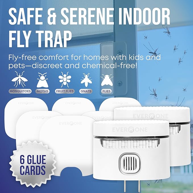 EverOne Indoor Fly Trap 2-Pack with 6 Glue Cards – Dual Device Flying Insect Trap for Home – Bug Catcher and Mosquito Killer – Sticky Traps for Flies, Gnats, and Moths