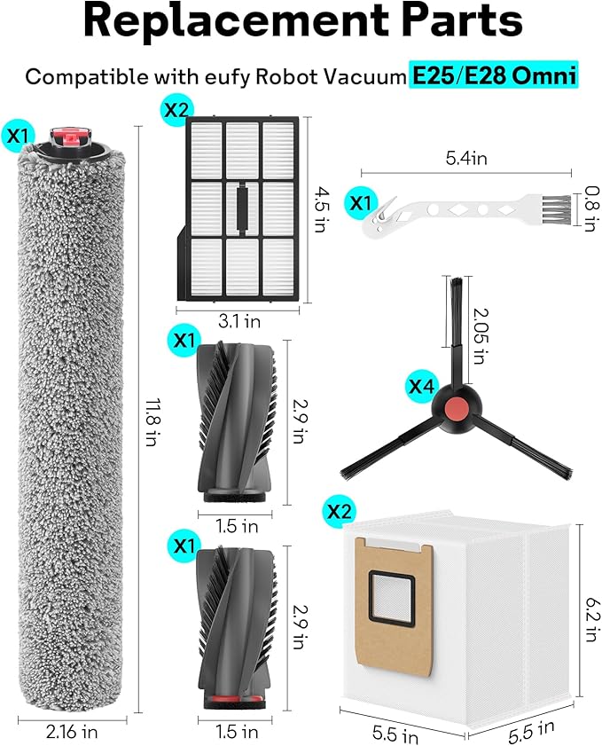 Leemone 12 Pack E25 E28 Replacement Parts Kit for eufy E28 / E25 Omni Robot Vacuum, E25 Accessories Parts with 2 Dust Bag, 4 Side Brushes, 1 Rolling Brush, 1 Roller Mop, 2 Filter, 1 Cleaning Brush