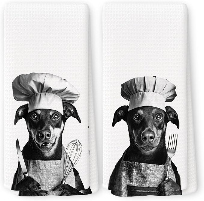 Funny Chef Doberman Pinscher Kitchen Towels Set of 2, Doberman Gifts for Women Dish Tea Towels for Kitchen, Dog Mom Lovers Owner Gifts Decorative Hand Towel, 16x24 Inch