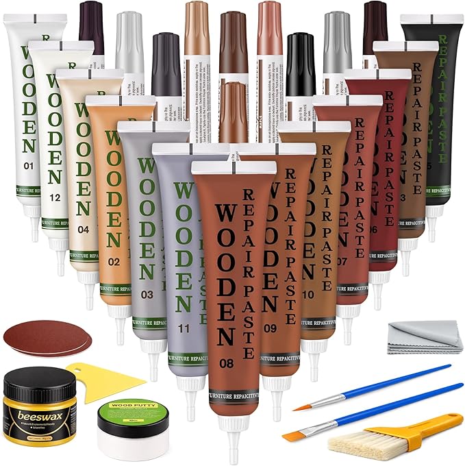 JTIEO Set of 33 - Wood Furniture Repair Kit,Touch Up Markers, Wood Fillers & Putty - Repair Scratch, Cracks, Hole, Discoloration for Wooden Door, Floor, Table, Cabinet