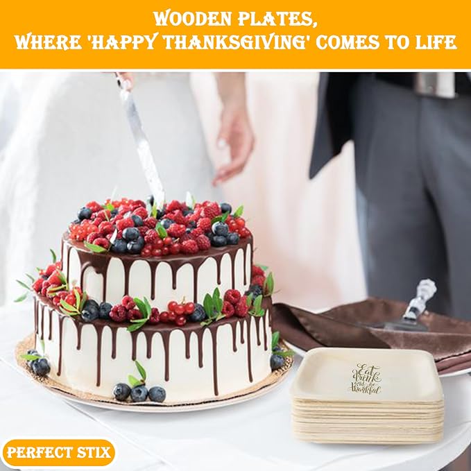 Perfect Stix - Perfectware 10-Eat,Drink,be Thankful-25 10" Disposable Wooden Plates with Thanksgiving Theme Print"Eat, Drink, and be Thankful" - Pack of 25ct