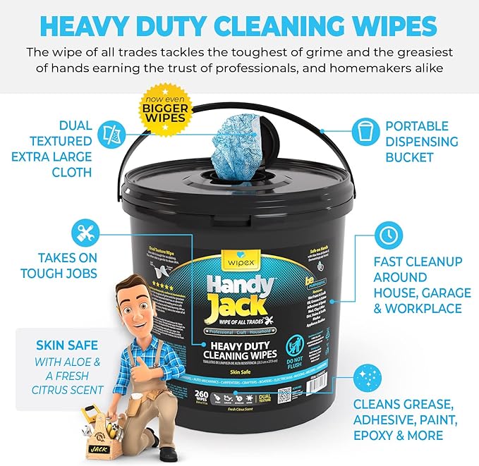 Wipex Handy Jack Heavy Duty Wipes, Dual Texture Cleaning Cloth, Use on Hands, Equipment, Tools - Removes Paint, Adhesives, Oil, Grease, & Dirt, Bulk Size, 260 Count (Pack of 1)