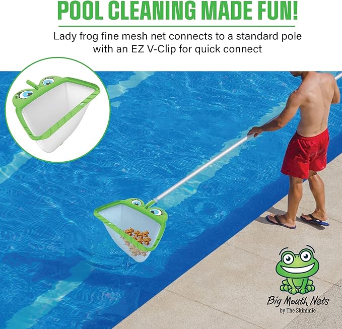 The Skimmie Ms. Frog Large Leaf Rake - 20" Wide Big Mouth Pool Leaf Skimmer Net for Deep Cleaning of Debris in Above Ground and In Ground Swimming Pools, Spa Hot Tubs, and Ponds