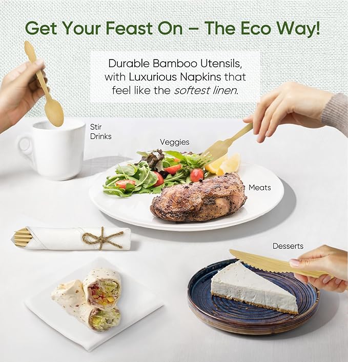 EcoPreps Luxury Pre-Rolled Napkin and Bamboo Cutlery Set (30 Pack, 120 PCS) 100% Biodegradable, Eco-Friendly, Disposable Wrapped Cutlery - Includes Pre-Wrapped Bamboo Forks, Knives, Spoons, & Napkins