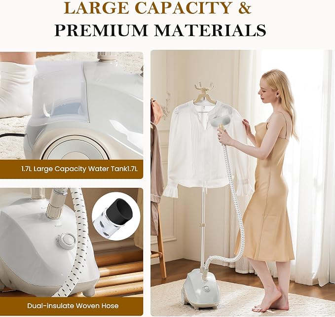1500W Standing Garment Steamer - 45s Fast Heat-Up, 55 Min Steam Time, 1.7L Tank, with Wheels (Light Grey)