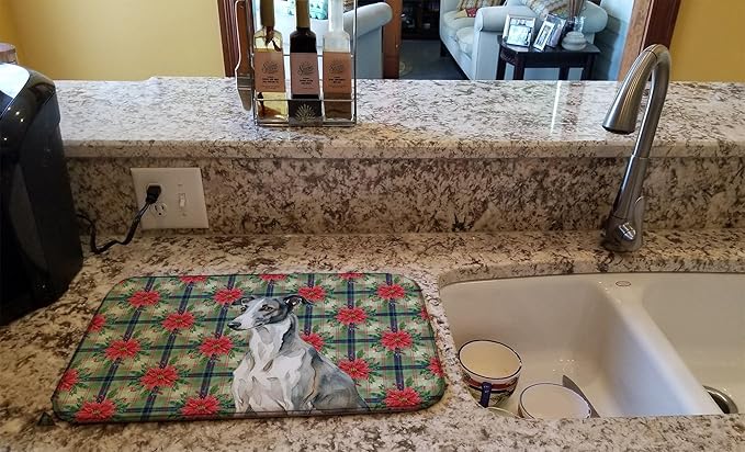 Caroline's Treasures Black and White Greyhound Christmas PoinsettIas Dish Drying Mat Absorbent Dish Drying Mat Pad for Kitchen Counter Dish Drainer Mat for Countertop, 14 x 21", Multicolor