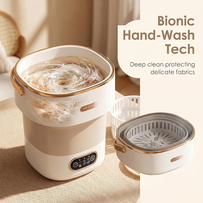 Portable Collapsible Mini Washer with 3 Cleaning Modes & Drain Basket, 16L Foldable Small Laundry Machine for Travel Camping Dorms RV Apartments, Baby Clothes Underwear Socks Delicates (khaki)