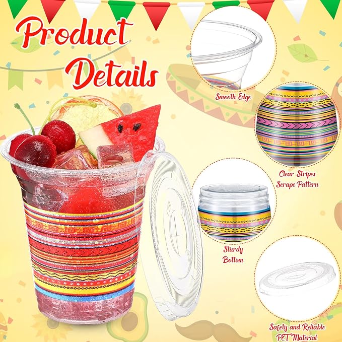 Jingmore 100 Pack 12 oz Fiesta Plastic Cups with Lids and Paper Straws Mexican Clear Disposable Cups Bulk Cinco De Mayo Party Decorations for Fiesta Taco Birthday Party Drinkware Supplies