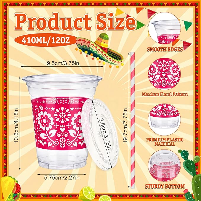 Domensi 48 Sets Fiesta Plastic Cups with Lids and Paper Straws 12oz Mexican Cinco De Mayo Disposable Drinking Cups Bulk for Cold Drinks Baby Shower Wedding Papel Picado Theme Birthday Party Supplies
