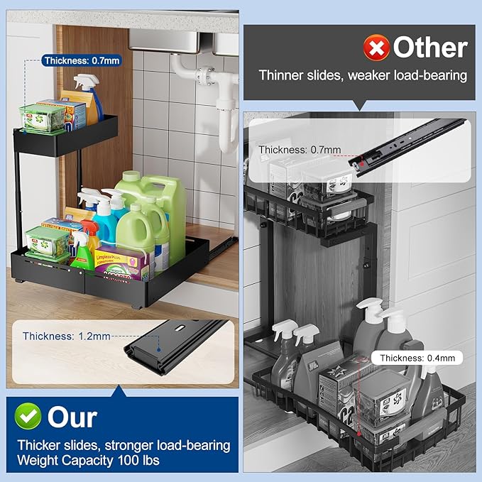 Insputer 2 Pack Under Sink Organizer with Pull Out Cabinet Organizer Expandable (12.4"-20.08") W & (16.26"-22.44") D