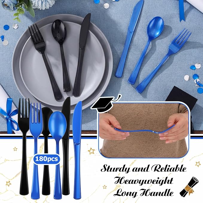 Minatee 180 Pcs Black and Blue Graduation Plastic Silverware Heavy Duty Cutlery Sets Disposable Utensils for Holiday Birthday Themed Party Supplies, 60 of Each Forks Knives Spoons