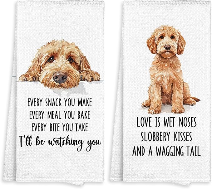 Goldendoodle Kitchen Towel Gifts for Dog Lovers Decorative Set of 2, Golden Doodle Dish Towels Tea Towels Dishcloths, Doodle Microfiber Waffle Weave Hand Towel for Kitchen Bathroom Decor 16x24