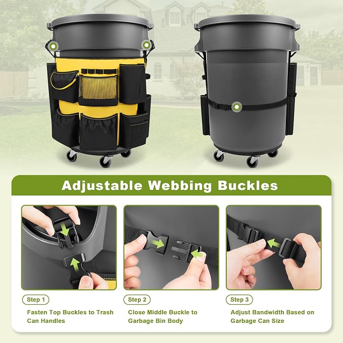 HODRANT 32-55 Gallon Trash Can Caddy Bag, Garbage Bin Apron Caddy with Multiple Pockets for Cleaning Supplies, Cleaning Tool Organizer with Adjustable Buckle for Janitorial Trash Can, Black+Yellow