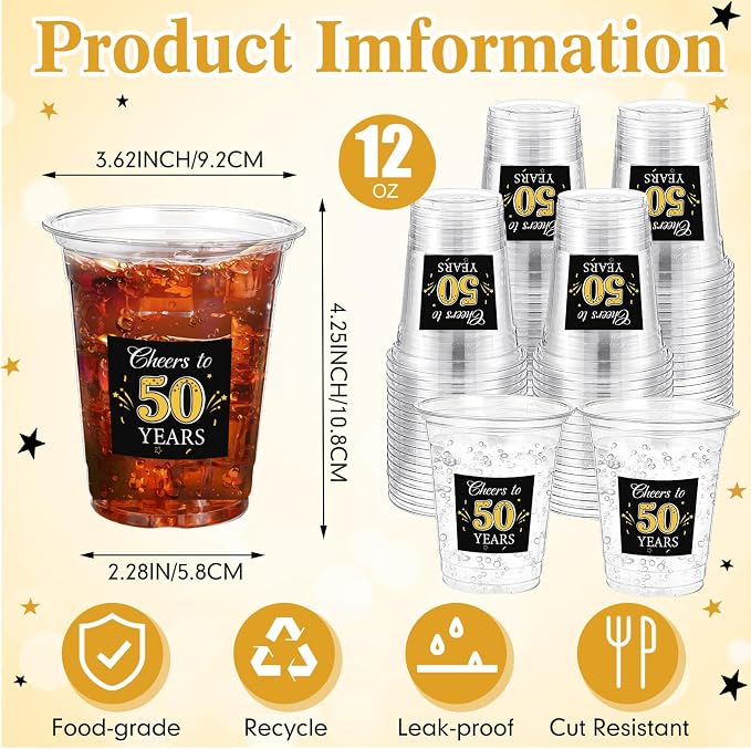 Funnymoom 100 Pack 50th Birthday Cup 12 oz Cheers to 50 Years Happy Birthday Disposable Clear Plastic Cups for Him Men Women Wedding Anniversary Decorations Party Favors