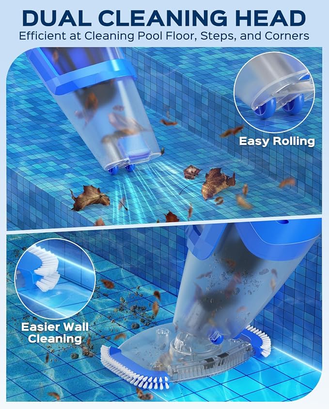 Cordless Handheld Pool Vacuum Cleaner with Telescopic Pole, 26.5 GPM Powerful Suction, Longer 1H Runtime, Portable Pool Vacuums for Above Ground/Inground Pools, Hot Tubs, Spas, Blue