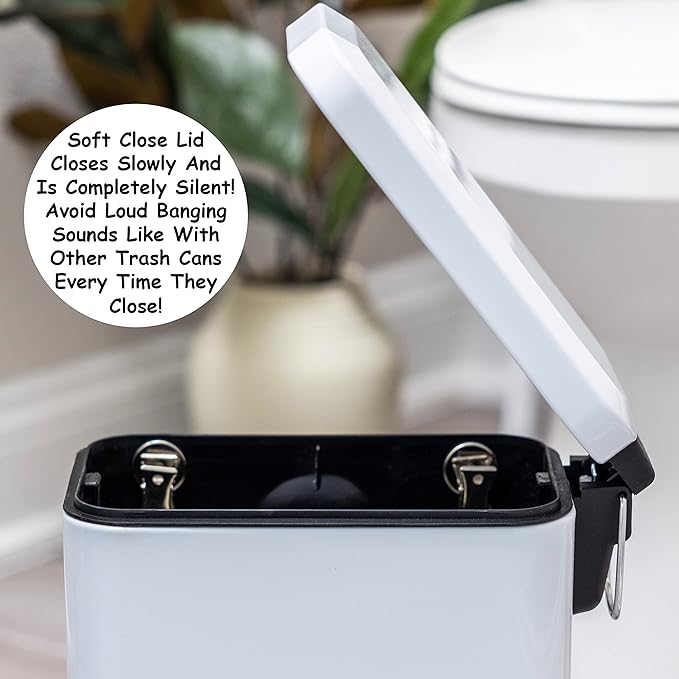 Homie Soft Close, Slim Trash Can 3.2 Gallon with Anti - Bag Slip Liner and Lid, Use as Mini Garbage Basket, Slim Dust Bin, or Decor in Bathroom, Restroom, Kitchen, or Bedroom (Shiny White)