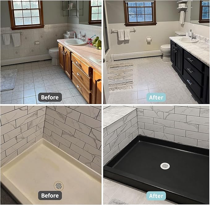 Black Waterbased Tile Paint and Tile Refinishing Kit 32.0 Fl Oz，Quick-Dry TilePaint for Wall ，Floor, Sink Bathtub Paint for Bathroom, Kitchen, Toilets, Water Based，50-63sq.ft
