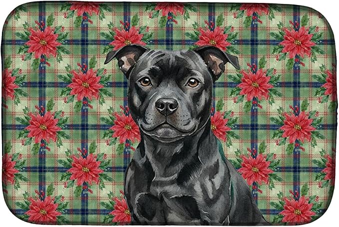 Caroline's Treasures Black Staffordshire Bull Terrier Christmas PoinsettIas Dish Drying Mat Absorbent Dish Drying Mat Pad for Kitchen Counter Dish Drainer Mat for Countertop, 14 x 21", Multicolor